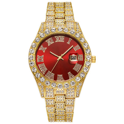 LOVILDS™ HipHop Watch - Popular Men's Steel Strap Hip Hop Roman Numerals Diamond Set Calendar Men's Quartz Watch