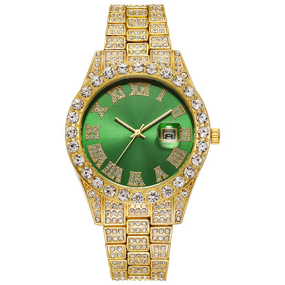 LOVILDS™ HipHop Watch - Popular Men's Steel Strap Hip Hop Roman Numerals Diamond Set Calendar Men's Quartz Watch