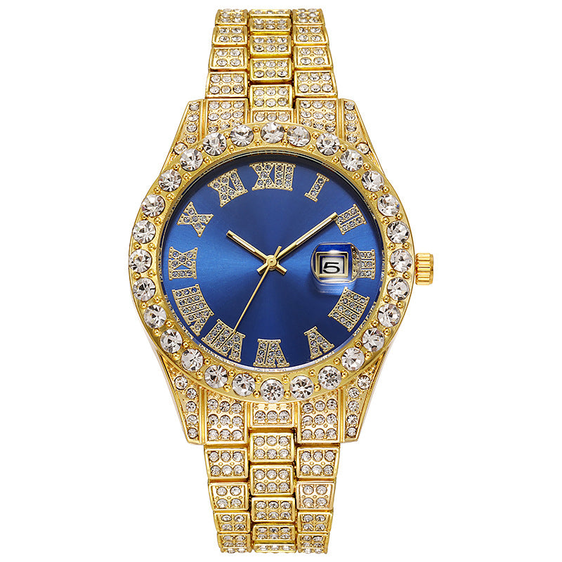 LOVILDS™ HipHop Watch - Popular Men's Steel Strap Hip Hop Roman Numerals Diamond Set Calendar Men's Quartz Watch
