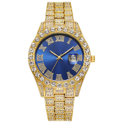 LOVILDS™ HipHop Watch - Popular Men's Steel Strap Hip Hop Roman Numerals Diamond Set Calendar Men's Quartz Watch