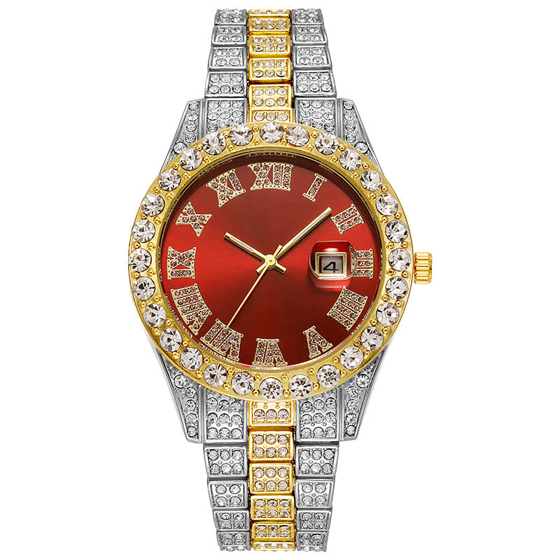 LOVILDS™ HipHop Watch - Popular Men's Steel Strap Hip Hop Roman Numerals Diamond Set Calendar Men's Quartz Watch