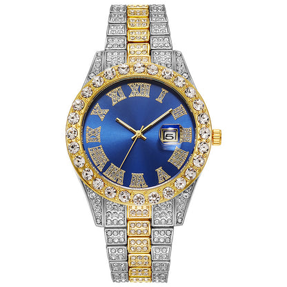 LOVILDS™ HipHop Watch - Popular Men's Steel Strap Hip Hop Roman Numerals Diamond Set Calendar Men's Quartz Watch