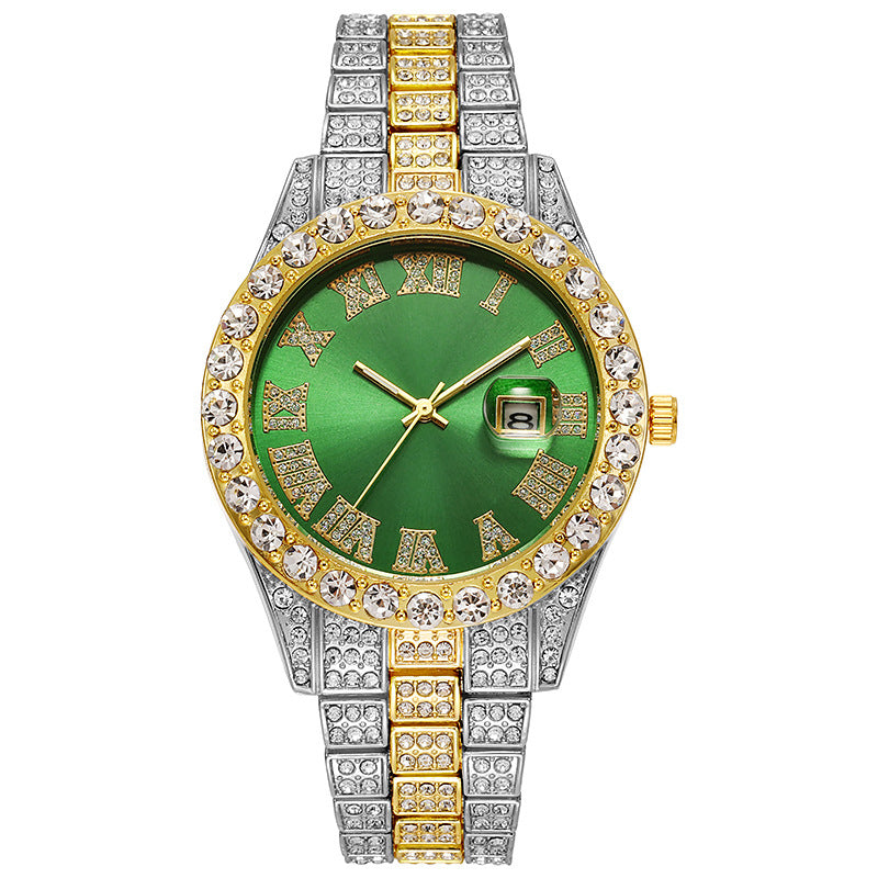 LOVILDS™ HipHop Watch - Popular Men's Steel Strap Hip Hop Roman Numerals Diamond Set Calendar Men's Quartz Watch