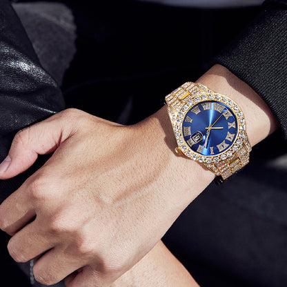 LOVILDS™ HipHop Watch - Popular Men's Steel Strap Hip Hop Roman Numerals Diamond Set Calendar Men's Quartz Watch