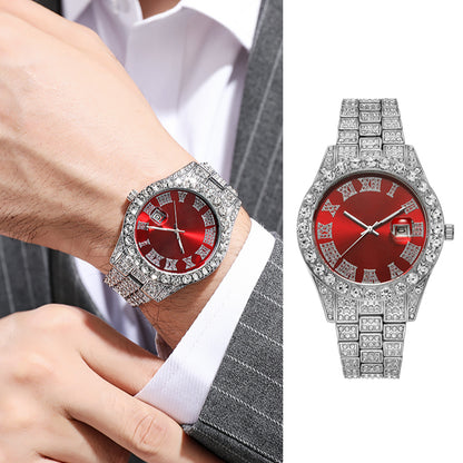 LOVILDS™ HipHop Watch - Popular Men's Steel Strap Hip Hop Roman Numerals Diamond Set Calendar Men's Quartz Watch