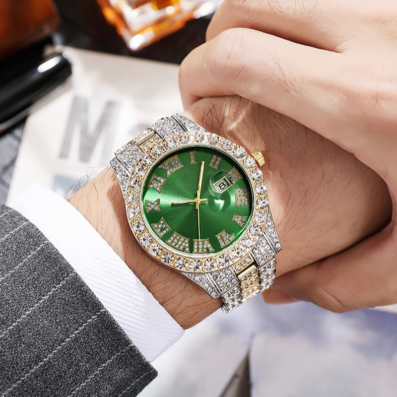 LOVILDS™ HipHop Watch - Popular Men's Steel Strap Hip Hop Roman Numerals Diamond Set Calendar Men's Quartz Watch