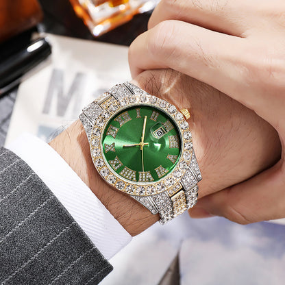 LOVILDS™ HipHop Watch - Popular Men's Steel Strap Hip Hop Roman Numerals Diamond Set Calendar Men's Quartz Watch