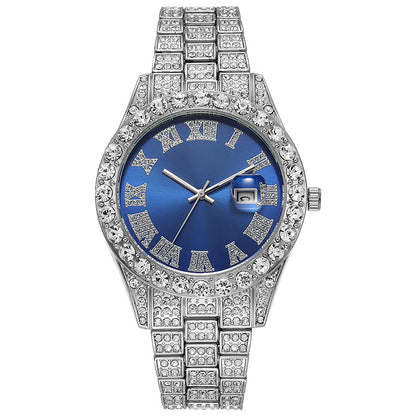 LOVILDS™ HipHop Watch - Popular Men's Steel Strap Hip Hop Roman Numerals Diamond Set Calendar Men's Quartz Watch