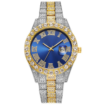 LOVILDS™ HipHop Watch - Popular Men's Steel Strap Hip Hop Roman Numerals Diamond Set Calendar Men's Quartz Watch