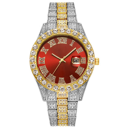 LOVILDS™ HipHop Watch - Popular Men's Steel Strap Hip Hop Roman Numerals Diamond Set Calendar Men's Quartz Watch