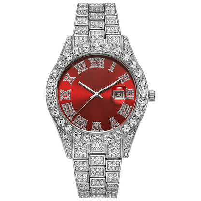 LOVILDS™ HipHop Watch - Popular Men's Steel Strap Hip Hop Roman Numerals Diamond Set Calendar Men's Quartz Watch